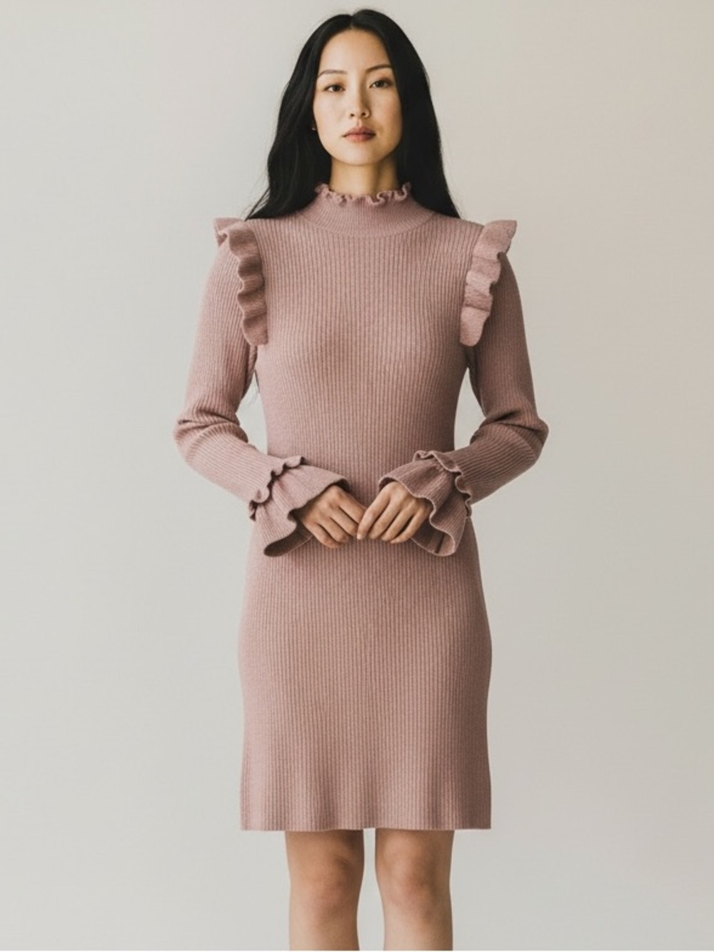 Ribbed Ruffle Long-Sleeve Sweater Bodycon Dress in Dusty Rose